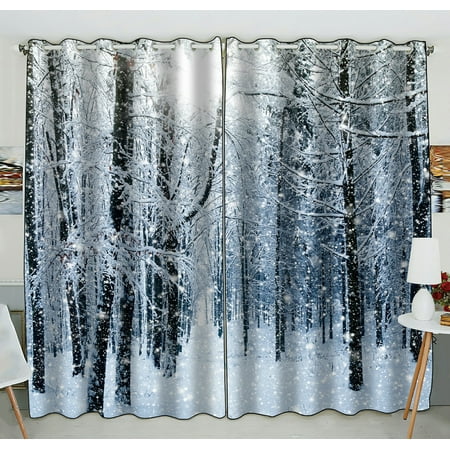 Phfzk Winter Landscape Window Curtain Snowy Trees Forest Nature