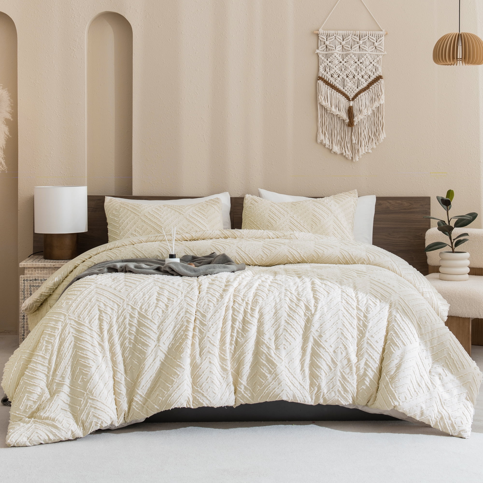 ANGENIA King Size Comforter Sets Beige - 3 Pieces Cream Boho Bedding Comforter Set for King Bed - Soft Fluffy Tufted Textured All Season Bed Set for Women Men