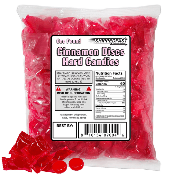 Cinnamon Disc Hard Candy. 1 Pound Bag. Individually Wrapped. (16oz)
