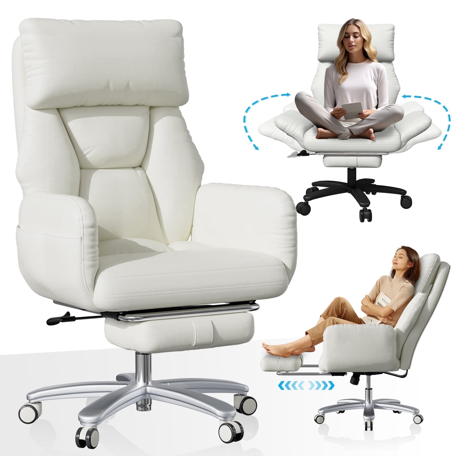 iooHug Criss Cross Office Chair, Big and Tall 500lbs High Back Faux Leather Desk Chair with Footrest, Wide Seat Cross-Legged Reclining Chair with Reversible Armrests and Lumbar Support, White