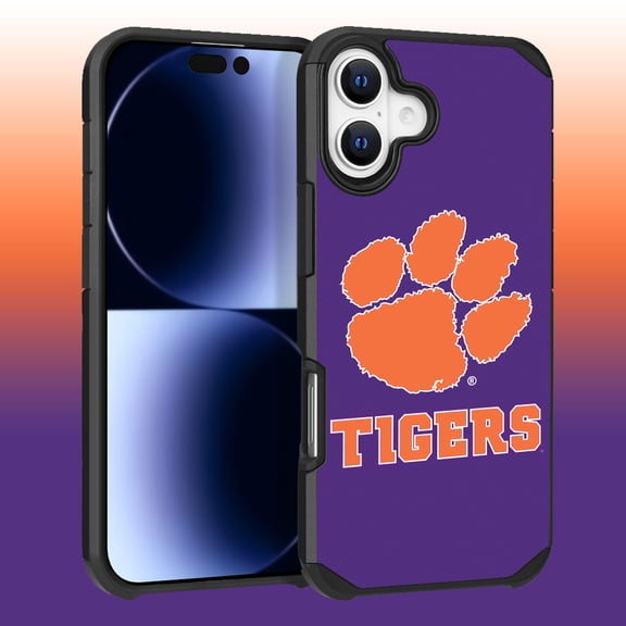 Apple iPhone 16 (6.1) - Licensed NCAA of Clemson University Tigers Logo on Purple Textured Dual Layer Case