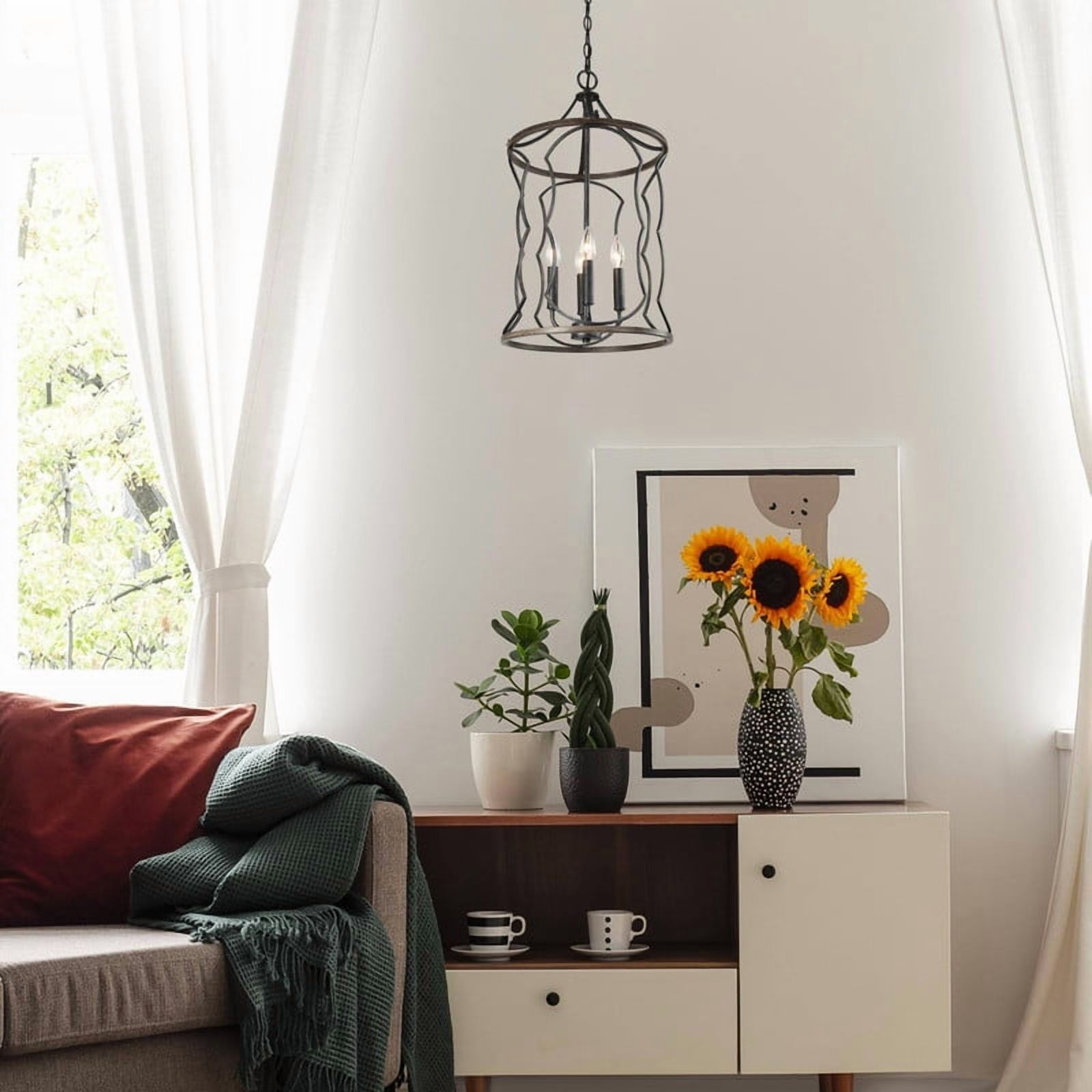 LNC Celosia 3-Light Black and Wood Drum Pendant Light for Dining Room or Entryway