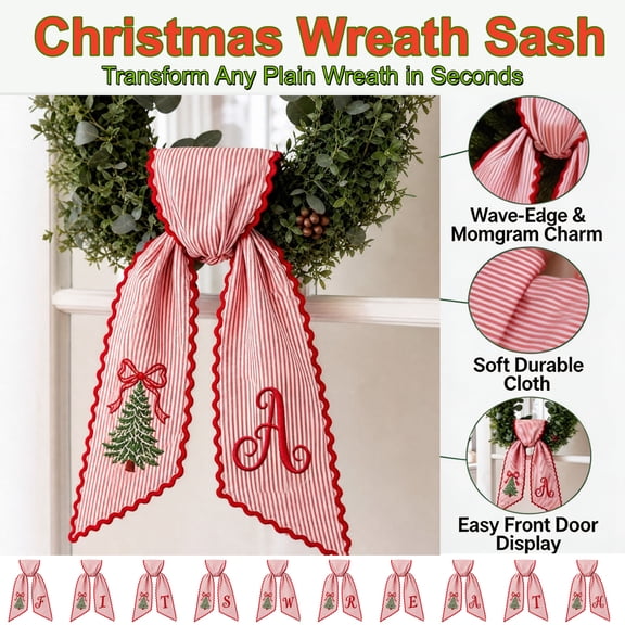 Christmas Wreath Sash for Front Door, 54 Inches Monogram Initial Red Striped Christmas Tree Wave-Edges Sashes, Yard Doorway Indoor Outdoor Wall Ribbon Bow Decor by Akmoler