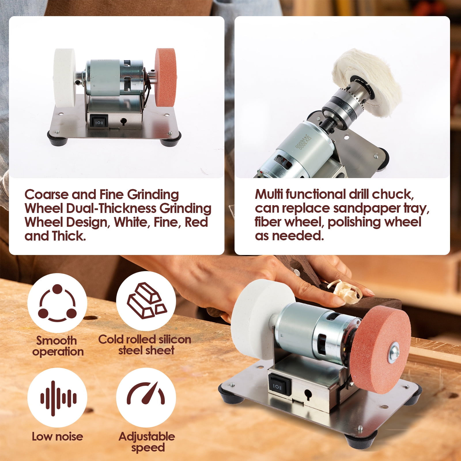 Small Table Grinder Multifunctional Electric Benchtop Sander 7 Speed Adjustable Polishing Buffing Sanding Machine Low Noise Drilling Grinder Machine with Double Grinding Wheel