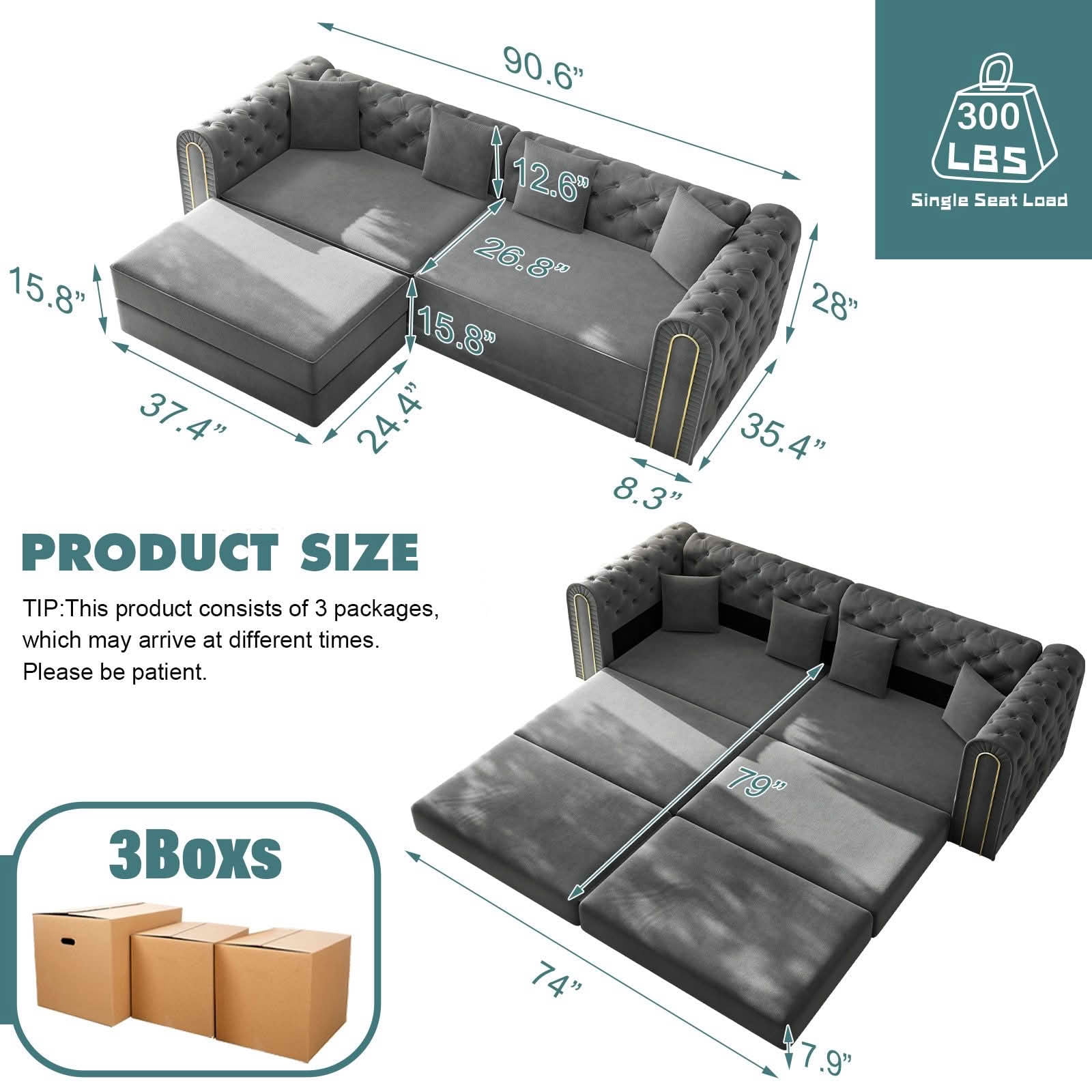 MAYEERTY 90.6" 3‑in‑1 Convertible Sleeper Sofa, Modern Velvet 3‑Seater Couch with Tufted & Gold Trim, Movable Ottoman, 4 Pillows Included