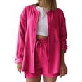 thumbnail image 2 of Kinrui Linen Sets for Women 2 Piece Outfits Long Sleeve Button Down Shirts & Drawstring Gauze Shorts Hot Pink M, 2 of 5