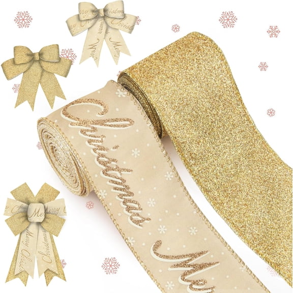Hsomely 2 Rolls 2.5" 5 Yd Merry Christmas Ribbon, Glitter Gold Snowflake Wired Ribbon for Wreath Craft Gift Wrapping Party Decor