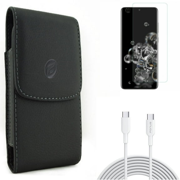 Case Belt Clip w 10ft Long Type-C Cable w Screen Protector for Samsung Galaxy S20 Ultra - Leather Holster Cover, Fast Charger Cord PD Power, Tempered Glass [Fingerprint Unlock] fits Galaxy S20 Ultra