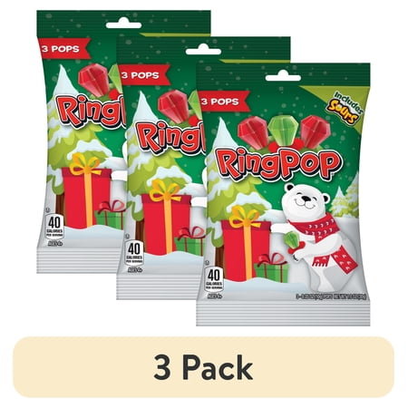 (3 pack) Ring Pop, Holiday Lollipops, Sour Cherry, Watermelon, and Cherry Flavored , Sucker Candy, 1.0 oz, Bag