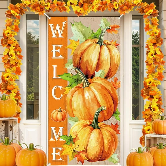 Fall Door Banner Decorations Welcome Autumn Door Cover Pumpkin Maple Leaves Hanging Banner Happy Fall Photo Backdrop for Farmhouse Thanksgiving Autumn Harvest Party Supplies
