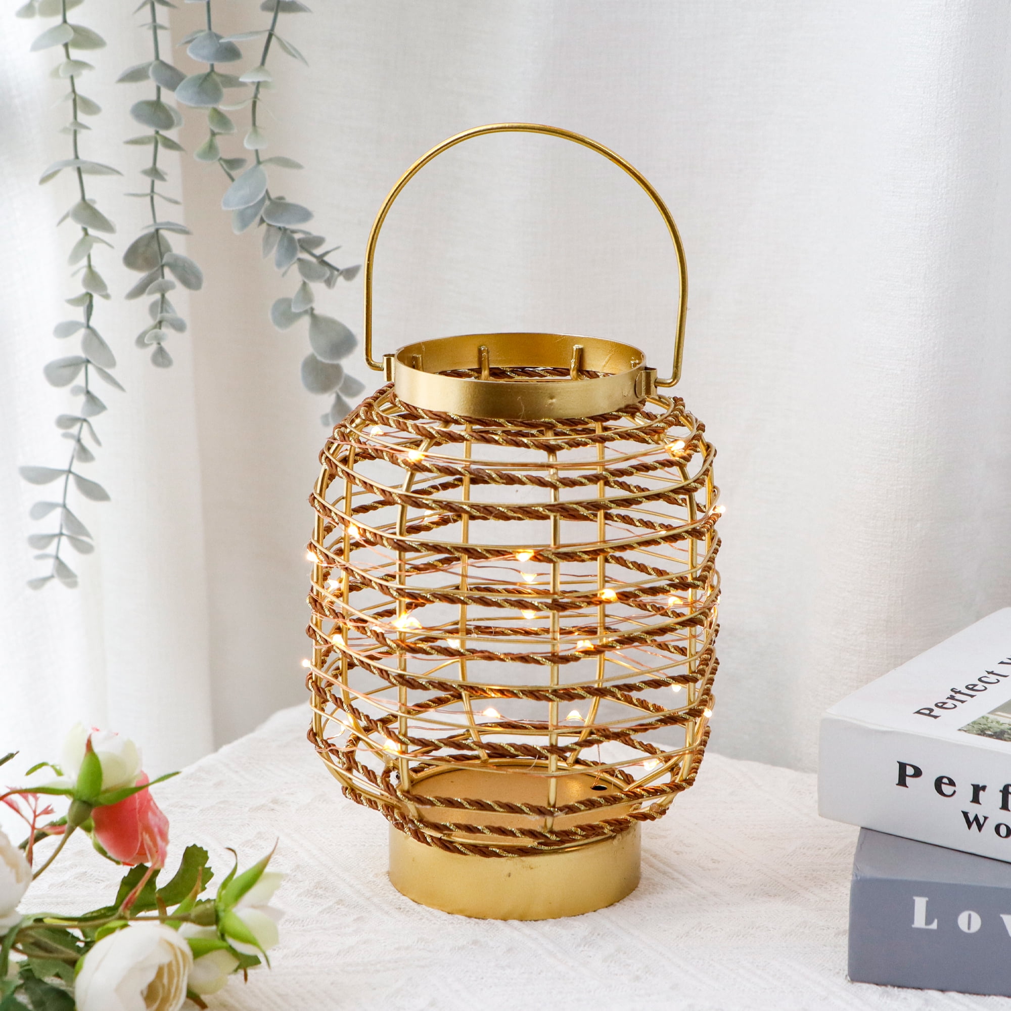 Battery Operated Table Lamp 7.7 "H Metal Cage LED Cordless Lamp with 6-Hour Timer, Vintage Decorative Fairy Lights Lantern for Indoor/Outdoor Bedrooms Weddings Parties Patio Events