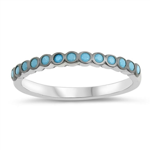Bezel Set Simulated Turquoise Stones Stackable Ring Rhodium Sterling Silver Size 8