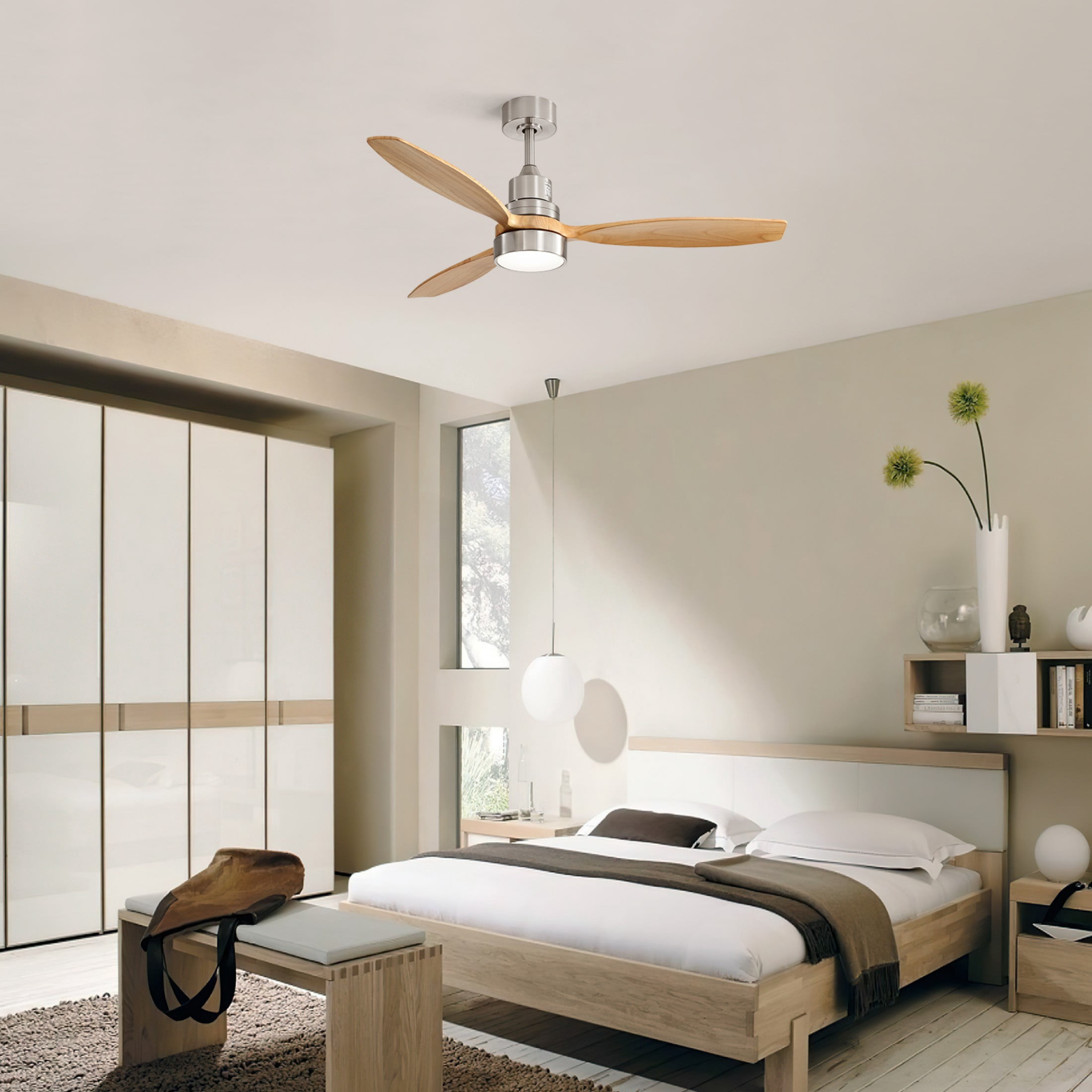 Sofucor 52 Inch 3-Blade Wood Ceiling Fan with Light, Brushed Nickel Finish, Dimmable LED 3-Color Light, DC Motor, 6-Speed Remote, Reversible Airflow, Timing Function, Modern Ceiling Fan