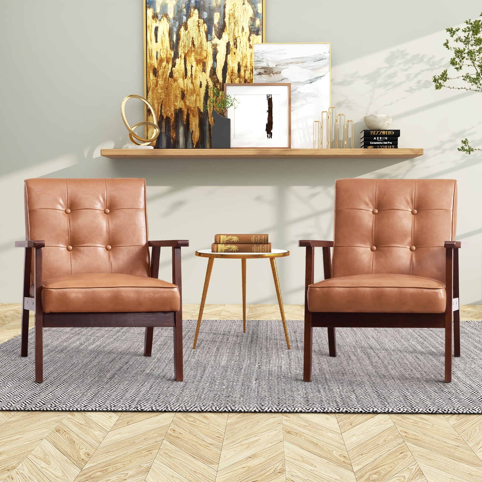 Bonzy Home Accent Chair Set of 2 Mid Century Modern PU Leather Armchair with Wood Frame for Living Room Bedroom Study Room, Easy Assembly, Brown