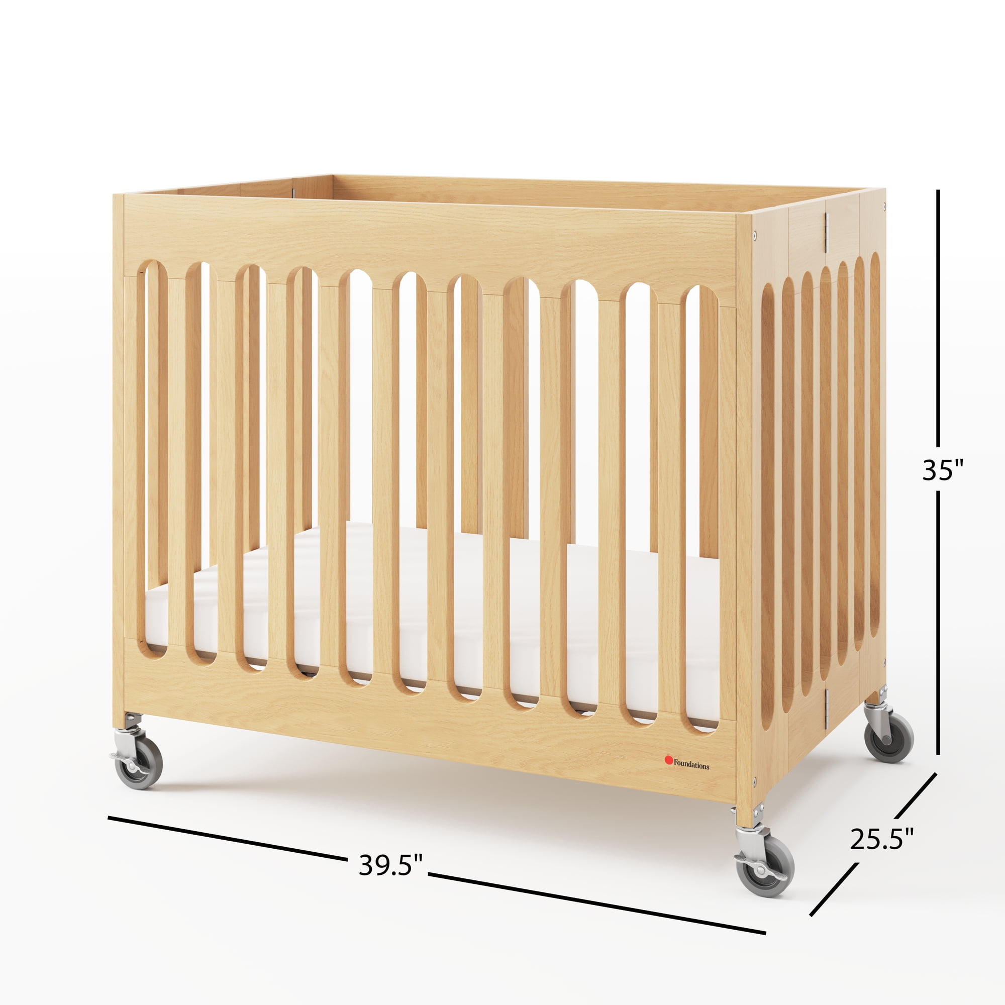 Foundations Boutique Compact Folding Hotel Crib with 3" Mattress and Locking Wheels, Natural