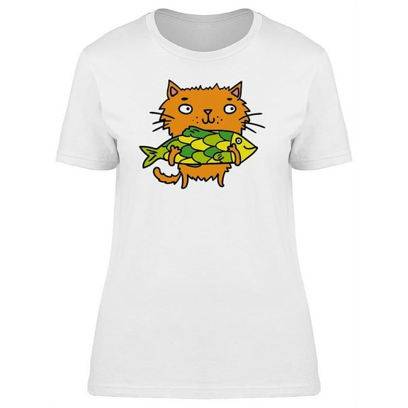 Cute Cat With Green Fish T-Shirt Women -Image by Shutterstock, Female Medium