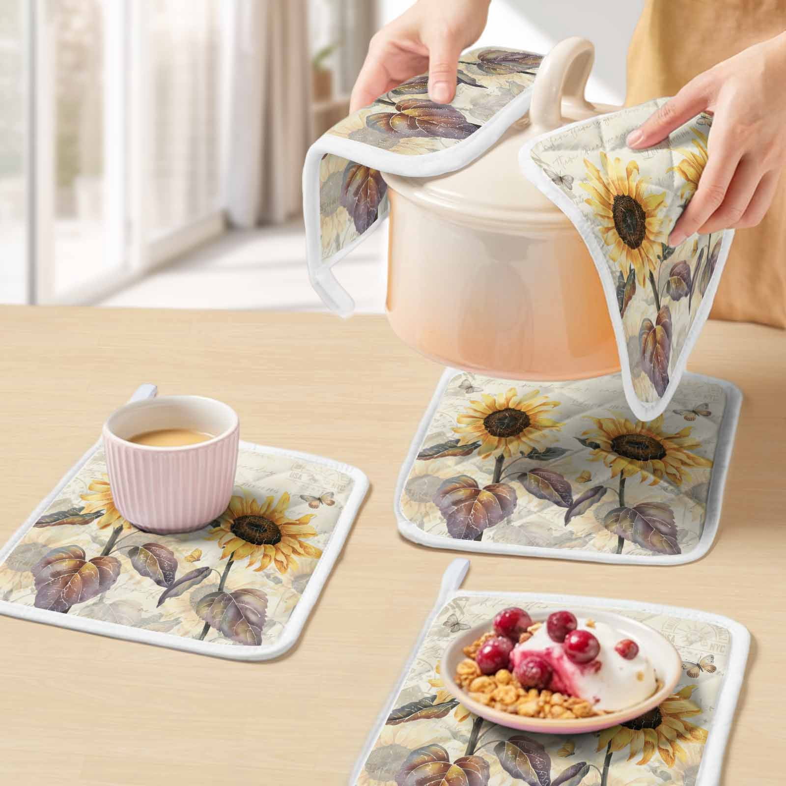 Sunflower Pot Holders for Kitchen Heatproof Potholder, 3 Pack Yellow Summer Botanical Floral Farmhouse Hot Pads Multipurpose Oven Pads Cloth Potholders Trivet for Cooking Baking
