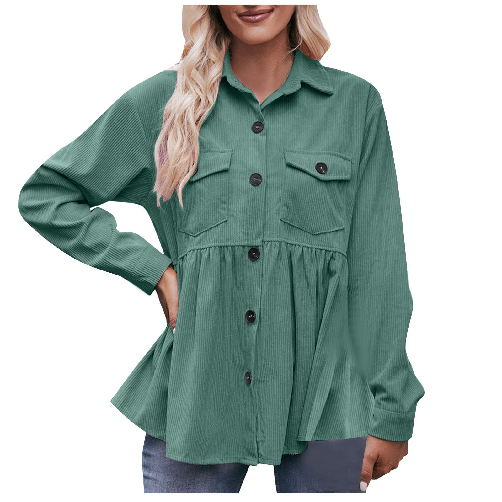 Women Corduroy Peplum Shacket Jacket Long Sleeve Button Down Babydoll Shirts Oversized Casual Collared Blouses Tops Green S