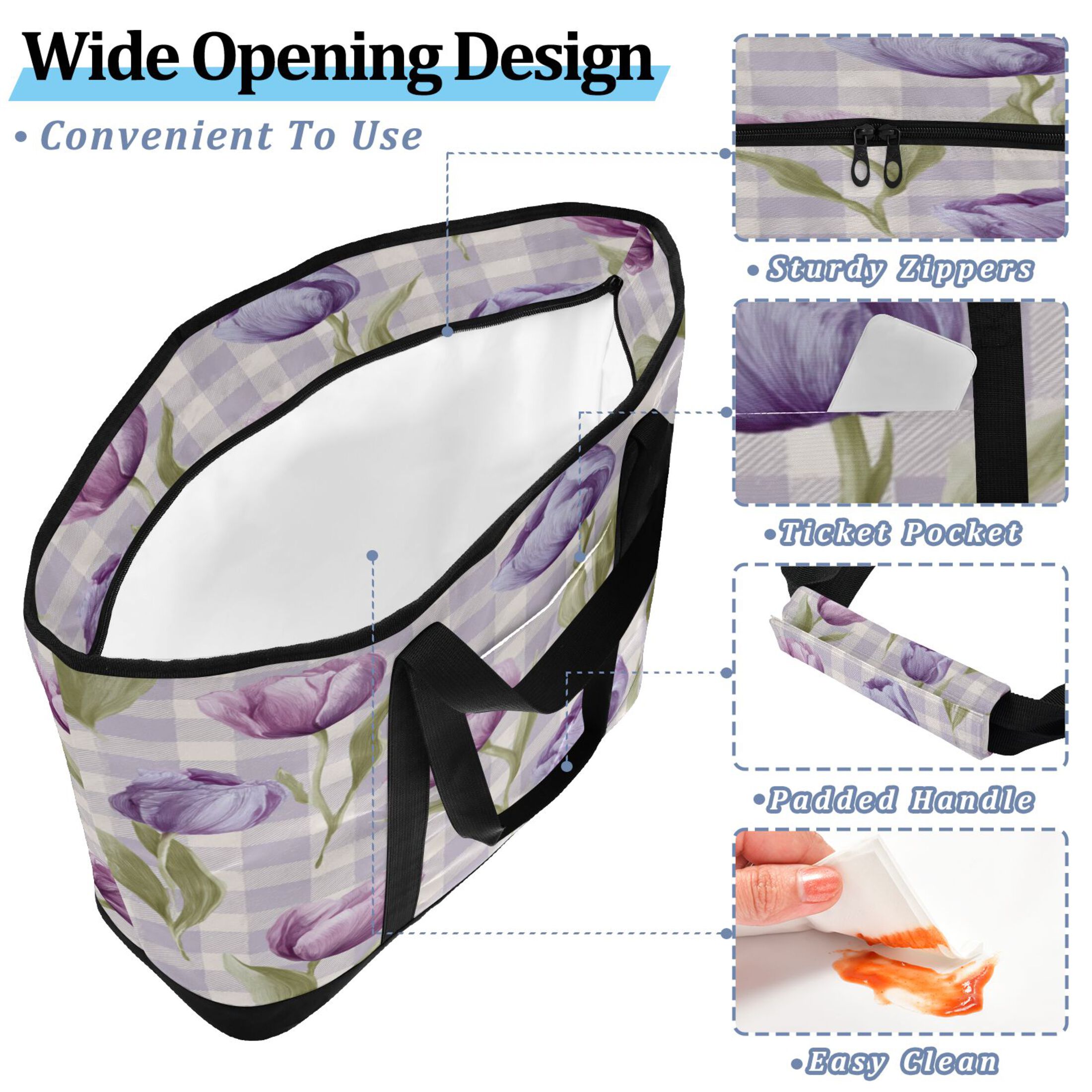 Extra-Large Wide Opening Design Capacity Hand-Held Ice Pack Thickened Insulation Layer For Long-Lasting Cold Retention For Outdoor Shopping Picnics And Camping Beautiful Pinkish-purple Tulips