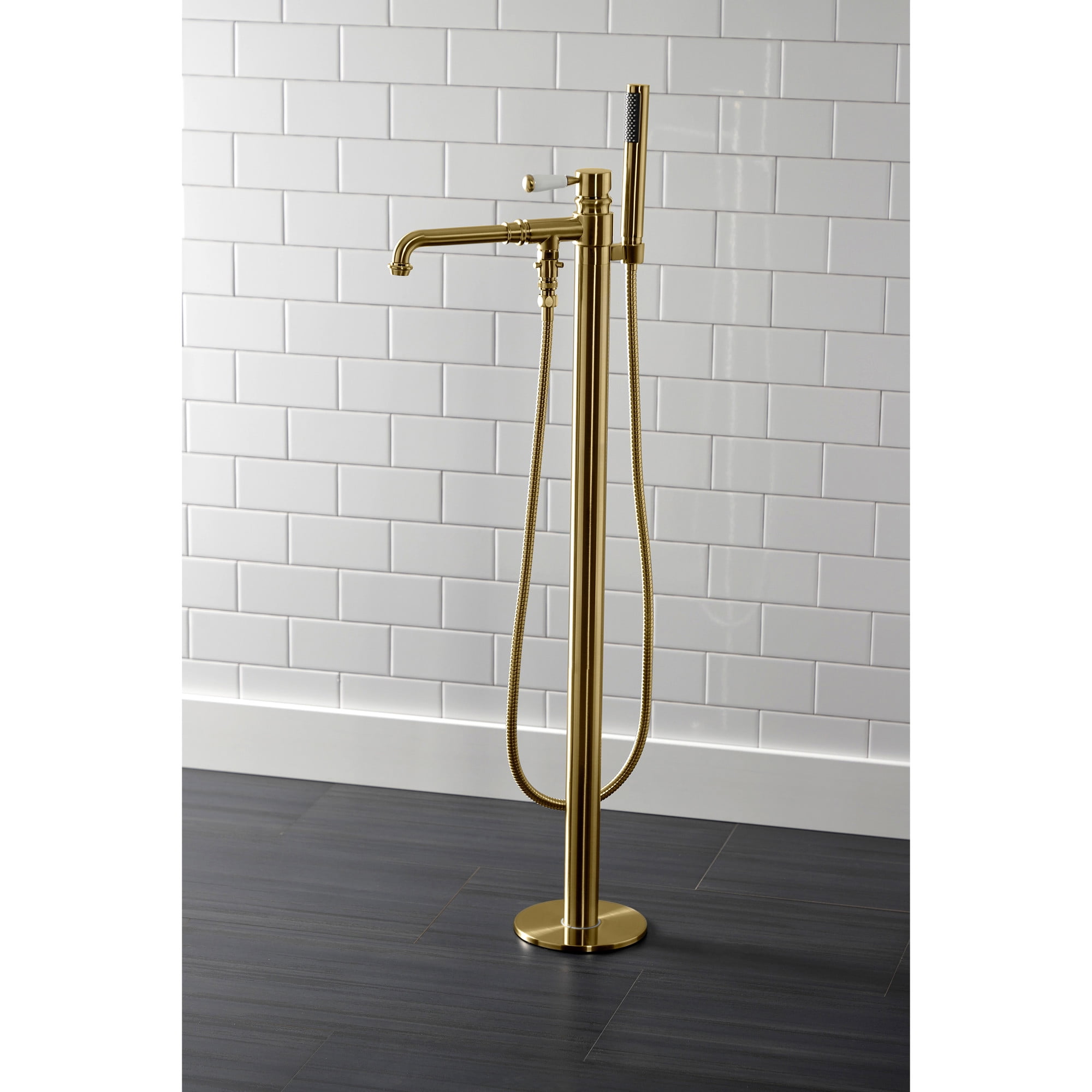 Kingston Brass KS7037DPL Paris Freestanding Tub Faucet with Hand Shower, Brushed Brass