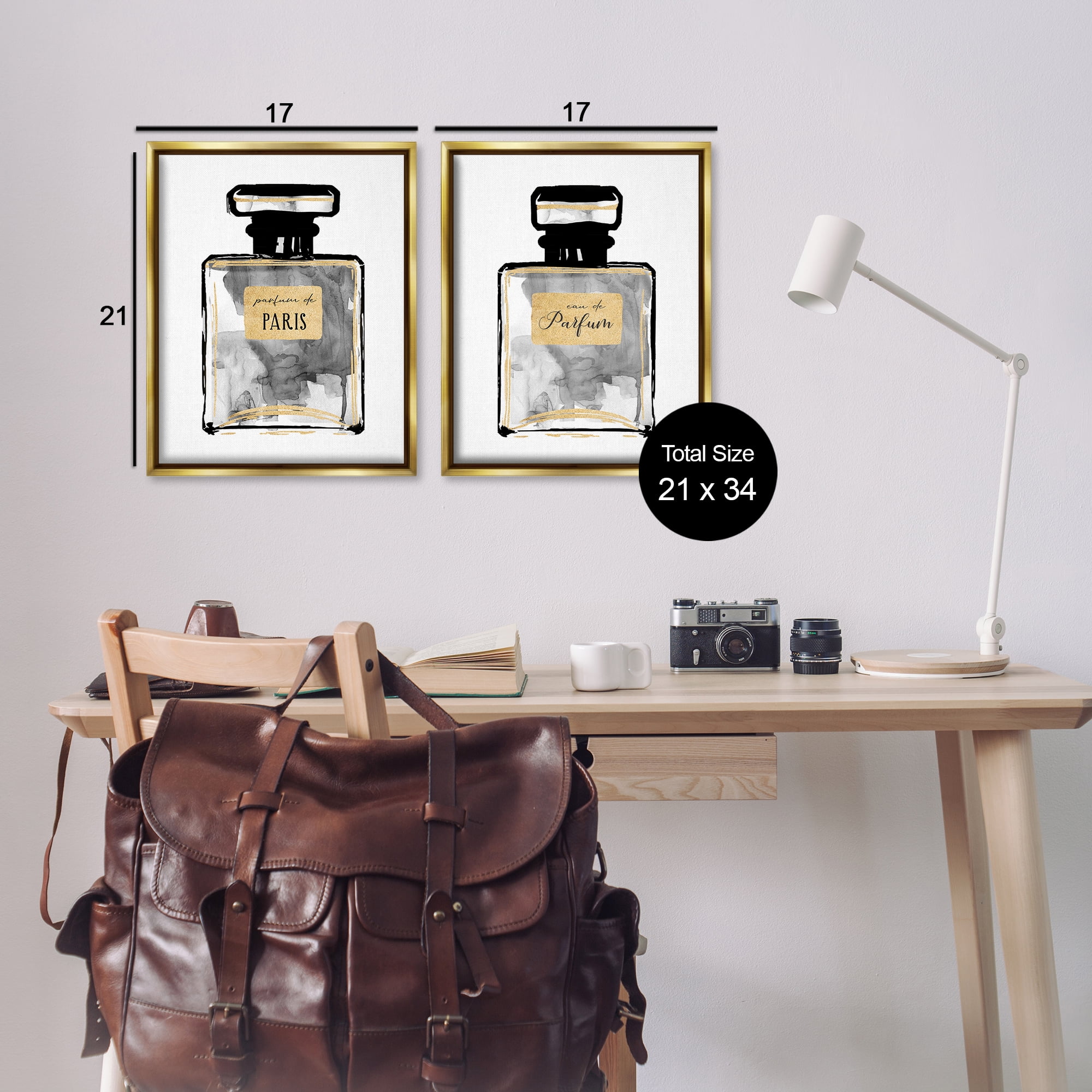 Stupell Industries Gray Gold Parfum Bottle Fashion Painting Gold Floater Framed Canvas Art Print Wall Art, 17 x 21, Set of 2