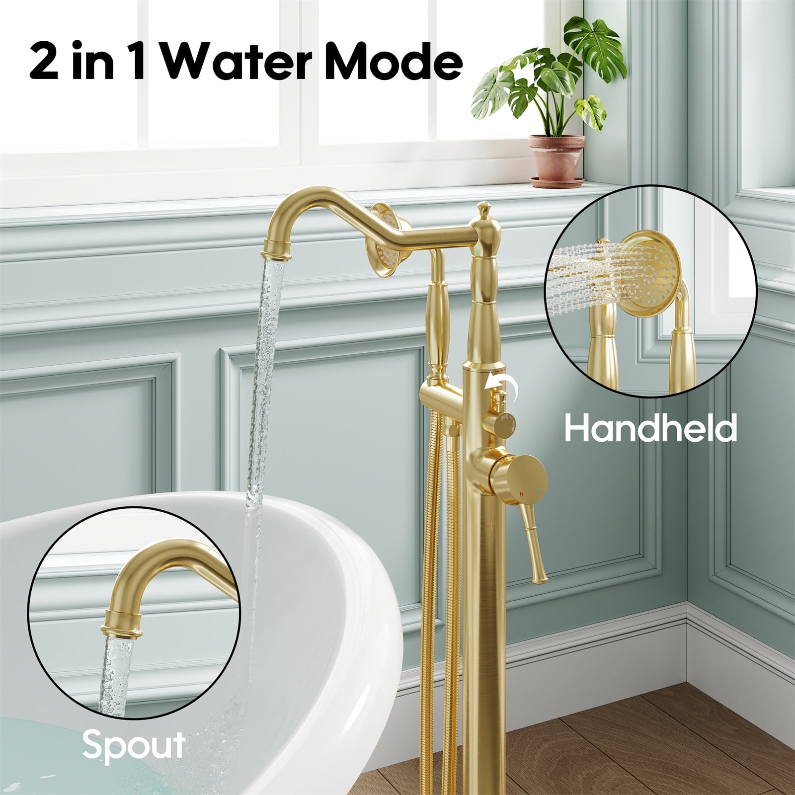 ANGELES HOME Freestanding Tub Faucet with Handheld Shower, Floor Mount Bathtub Filler, Roman Bathtub Faucet with Swivel Spout Brass Rough-in and Water Hose, Brushed Gold