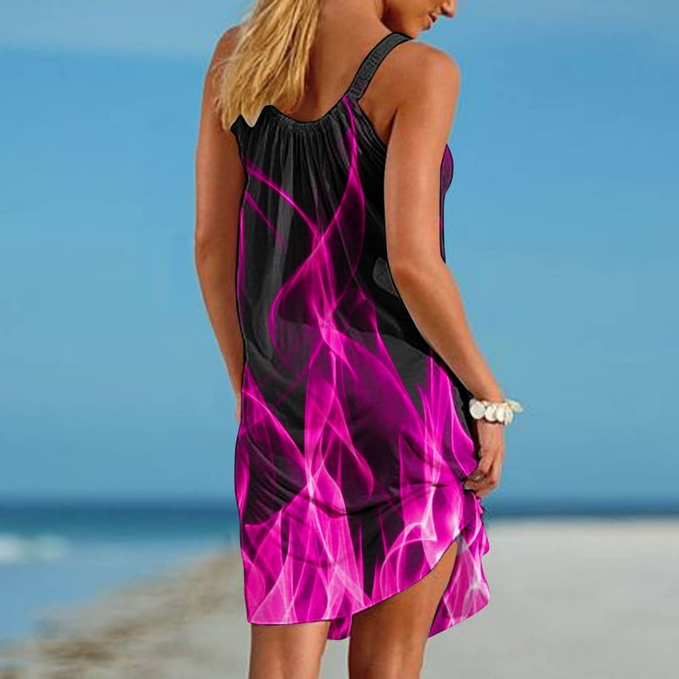 Aloohaidyvio Summer Dresses for Women 2024,Womens Gradient Flame Print  Beach Casual Loose Tank Dress Sleeveless Halter Dresses Hot Pink M