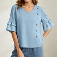 thumbnail image 5 of ClodeEU Women's V Neck Flared 3/4 Sleeve Blouse,Asymmetric Side Button Solid Color Casual Top Blue,Women's Plus L, 5 of 8