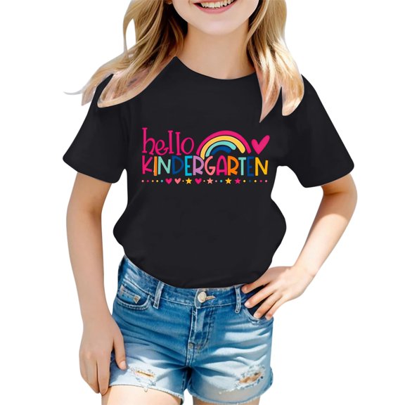 Bysome Girls Tops Summer First Day of School Cartoon Print Short Sleeve Crew Neck Tees Back to School Fashion Girl Shirts Size 1-2 Years Black