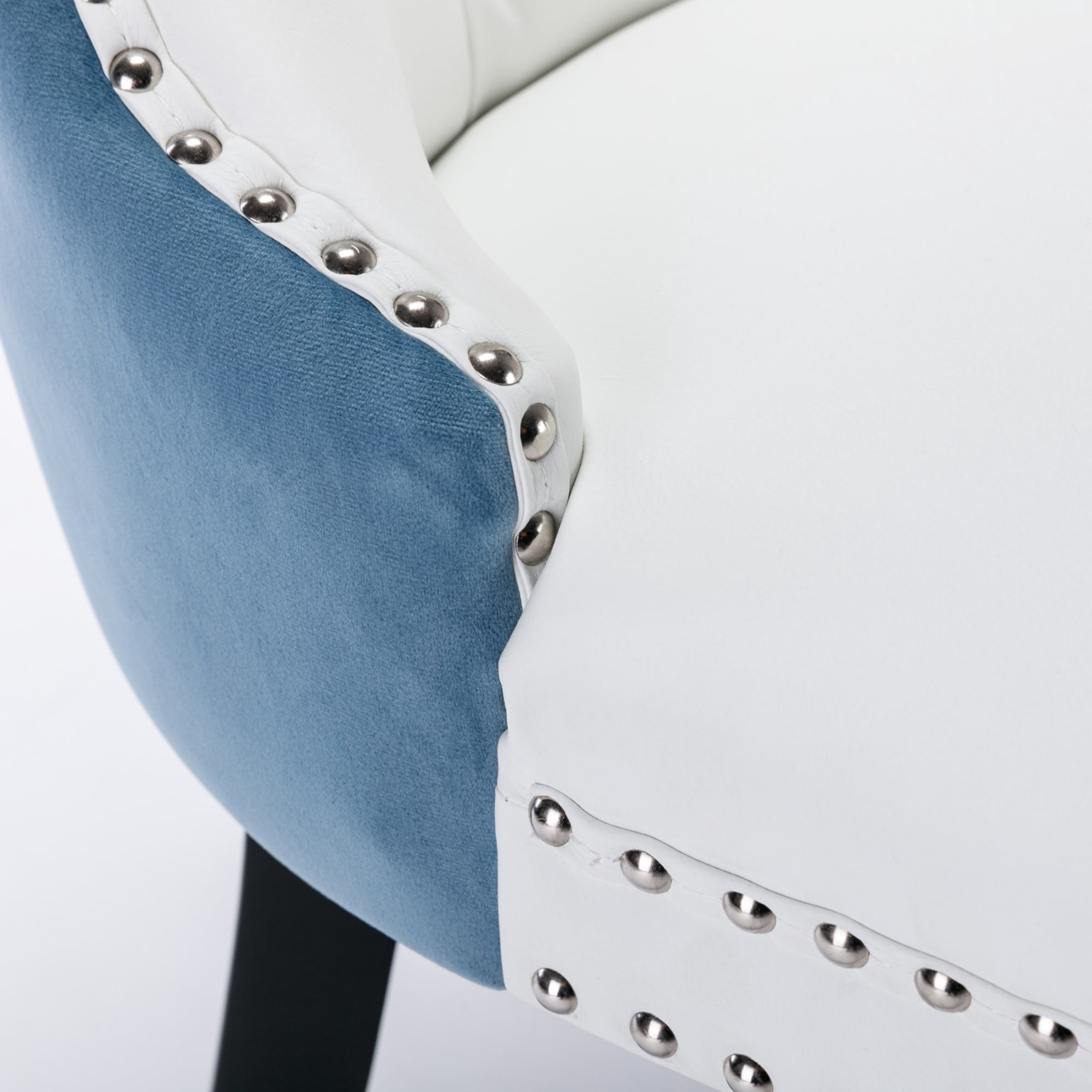 BSHTI 37.5-inch Modern Parson PU Leather and Velvet Upholstered Dining Chairs Set of 2 With Tufted Back, Nailhead Trim, Solid Rubberwood Legs for Dining Room (White+Light Blue)