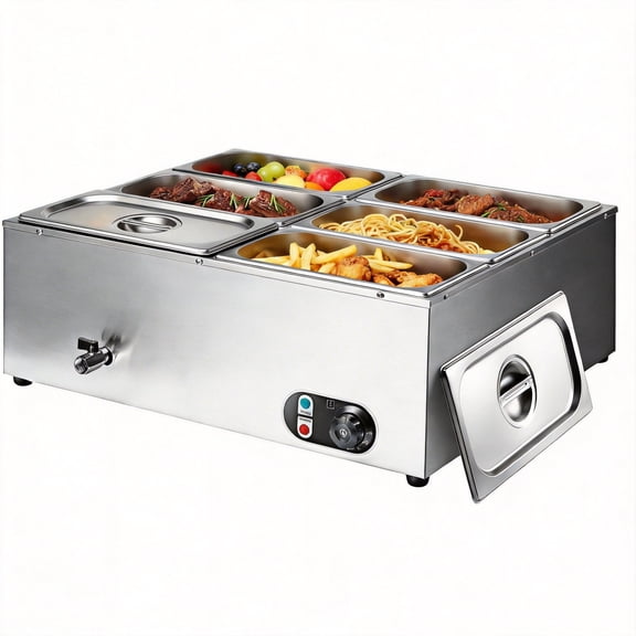 Yonopro 6-Pan Commercial Food Warmer, 1500W Electric Bain Marie Countertop Stainless Steel Buffet Steam Table with Temp Control for Catering and Restaurants (48Qt)