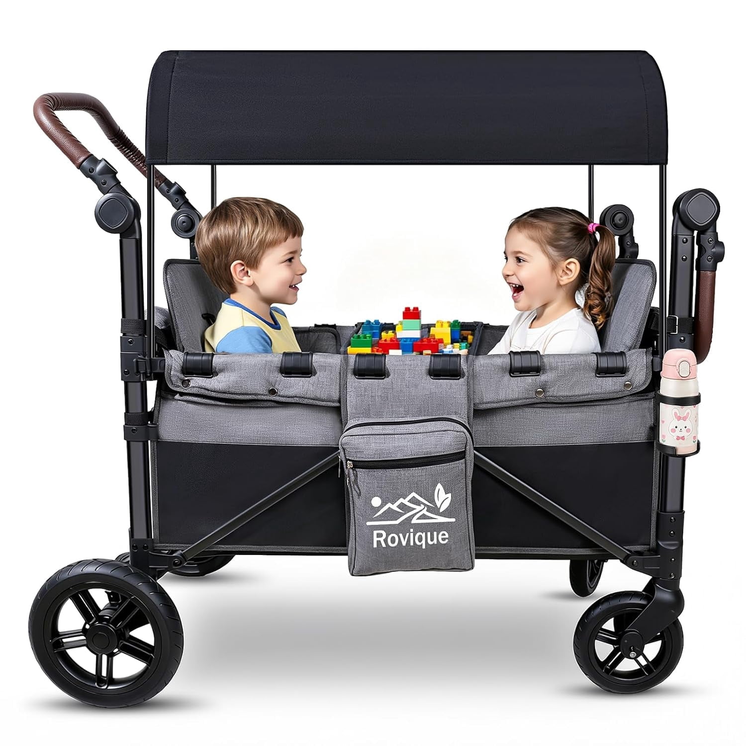 Rovique Foldable 2-Seater Wagon Stroller All-Terrain with Canopy & Snack Tray, Gray