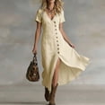 thumbnail image 5 of YuXingFu Womens Cotton Dresses with Sleeves Maxi V-Neck Plus Size Womens Dress Short Sleeve Solid Color Slim Fit Long Casual Summer Beige M, 5 of 6