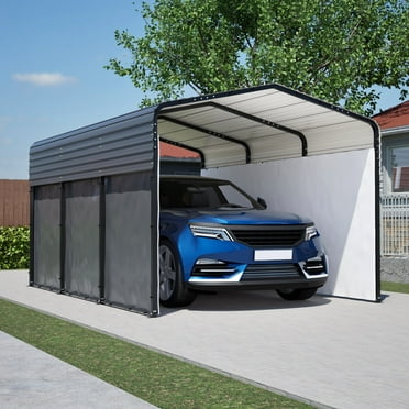 10x15 FT Metal Carport, Heavy Duty Carports Canopy with Galvanized Steel Roof and Removable Sidewalls & Door, Outdoor Waterproof Garage Car Shelter for Car, Truck and Boats, Black