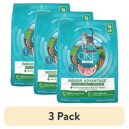 (3 pack) Purina ONE Plus, Indoor Advantage, Dry Cat Food, Turkey, 16 lb Bag