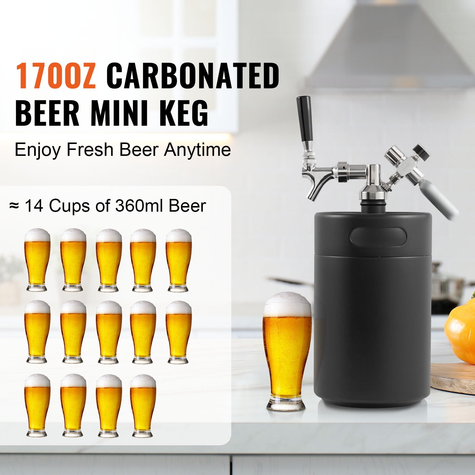 VEVOR Beer Growler Tap System Pressurized Growler Mini Beer Keg Draft Beer Growler with Pressure Display Homebrew 170 Oz/5 L Black