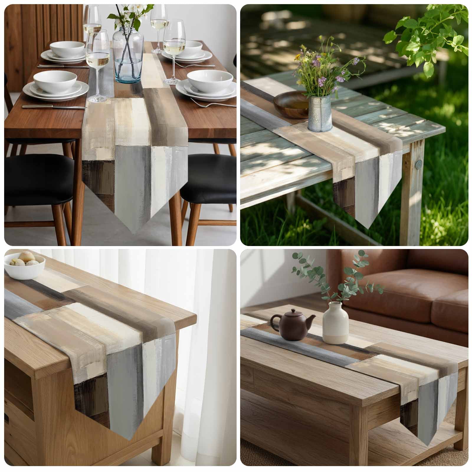 Abstract Brown Beige Table Runner Linen Burlap Table Runner 90 Inches Long Simple Oil Painting Art Dresser Scarves for Kitchen Island Coffee Dining Room Party Wedding Banquet Holiday Decor 13"x90"