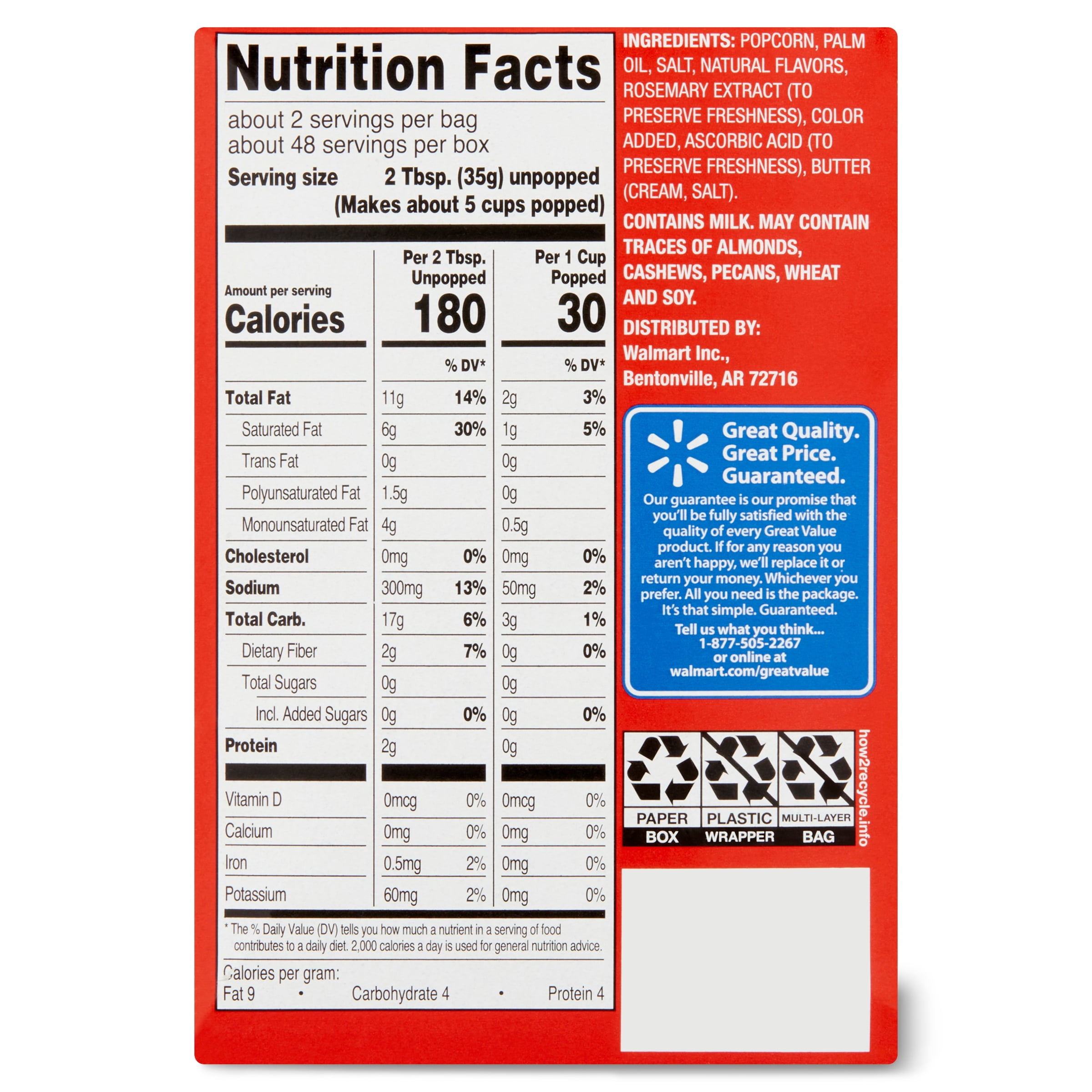 Great Value Extra Butter Microwave Popcorn, 2.55 oz, 24 Count