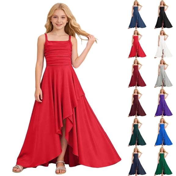 Lkhaha Girls Spaghetti Strap Dress High-Low Ruffle Hem Weddings Pageants Formal Dress Brick Red 3-4 Years