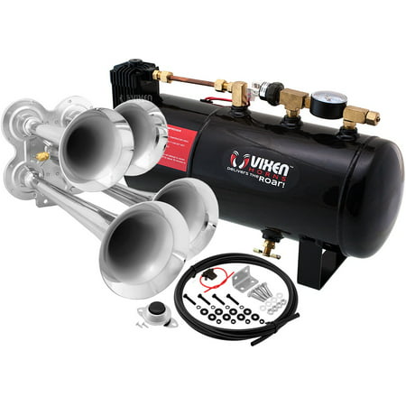 Vixen Horns Loud 139dB 4/Quad Chrome Trumpet Train Air Horn with 1 Gallon Tank and 150 PSI Compressor Full/Complete Onboard System/Kit