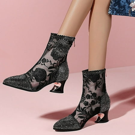 

YOUSNH Women Shoes Fashion Sexy Lace Rhinestone Embroidered Mesh Short Boots Pointed Toe Thick Heel Boots Womens Boots Black 8