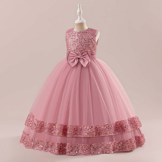 XEGLSBU Robe de Soirée Princesse à Paillettes avec Nœud pour Filles, Manches Longues, Robe de Fête pour Anniversaire, Concours et Spectacle sur Scène
