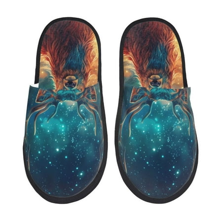 

Noikeo Celestial Stag Cosmic Glow Pattern Cozy Slippers Indoor for Women and Mens Fuzzy House Shoes Soft Plush Warm Slip-on Slippers-Medium