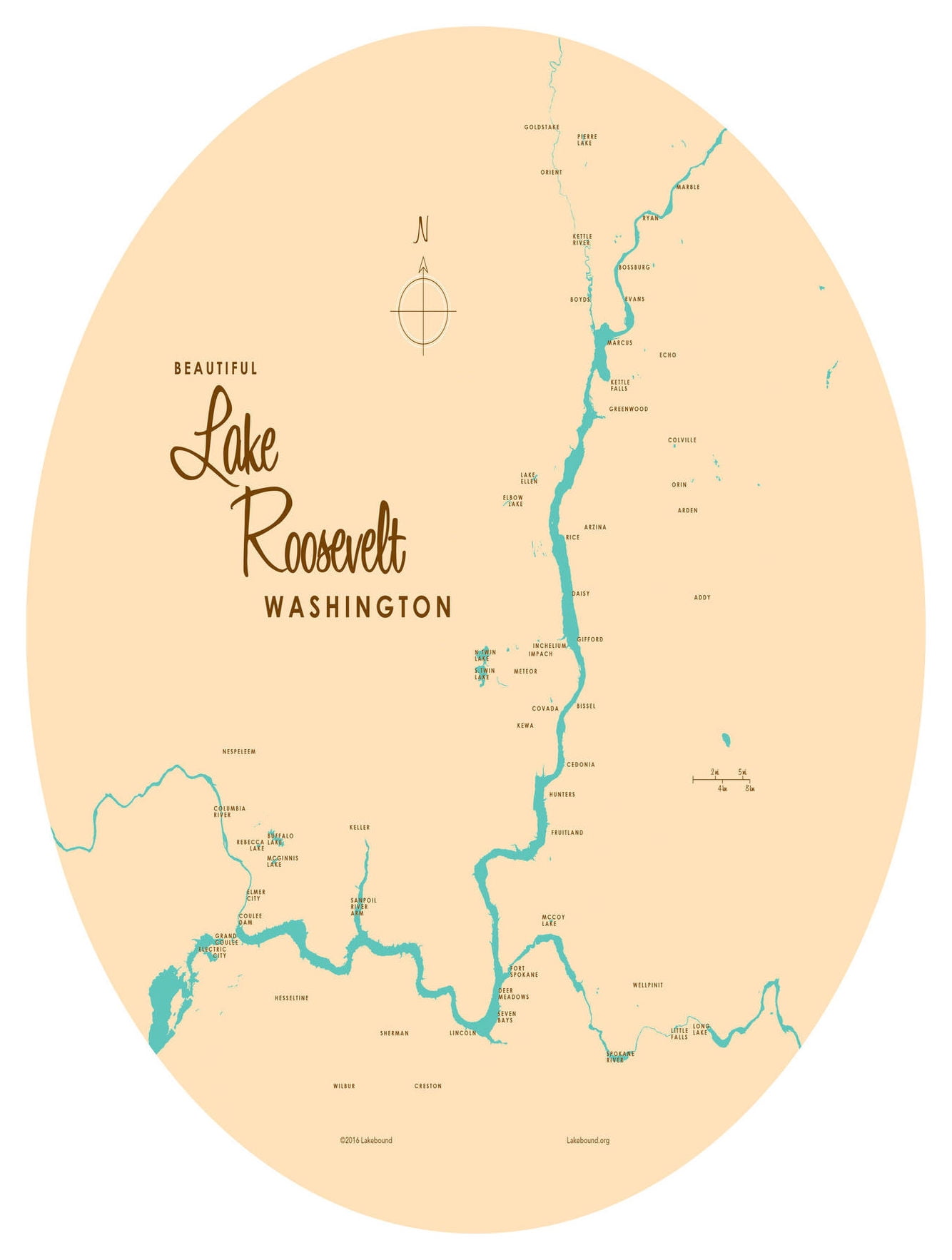 Lake Roosevelt Washington Map VintageStyle Art Print by Lakebound (9