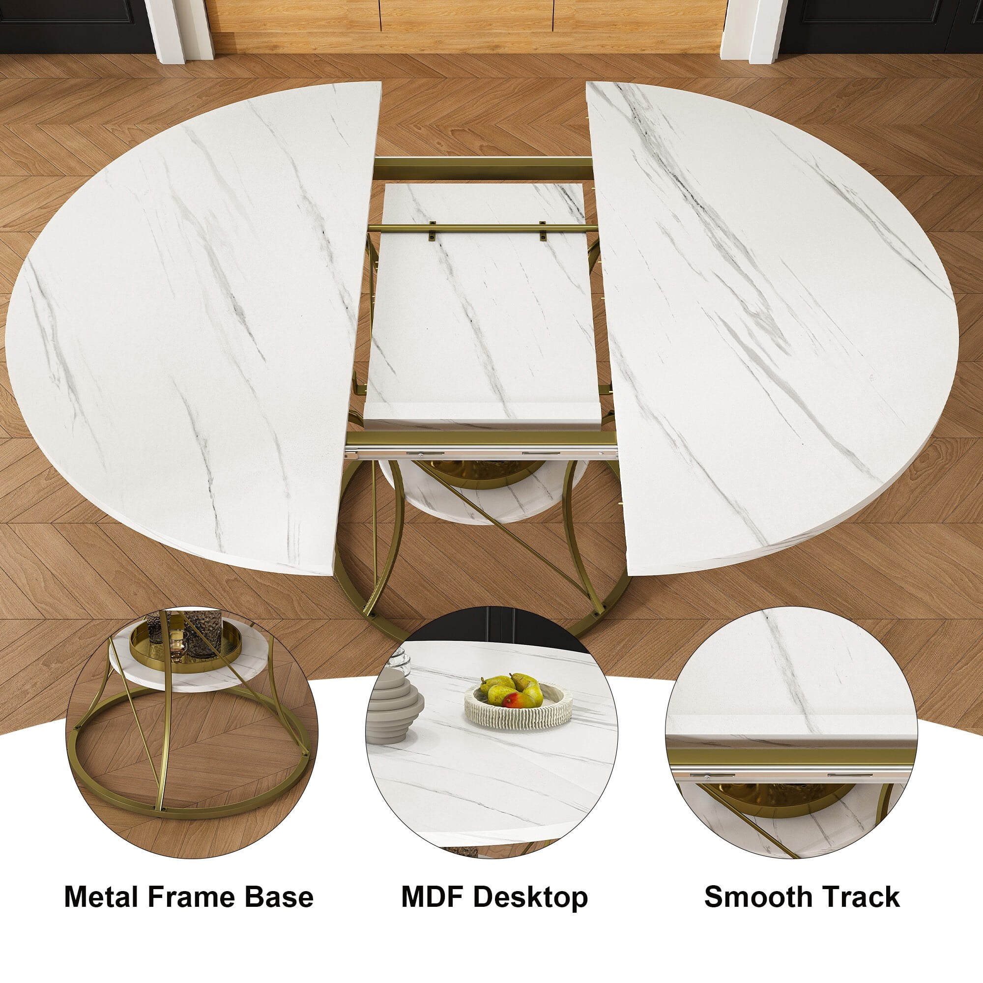 AENKYO 43"-59" Expandable Round Dining Table with Storage, White Marble Top & Gold Hourglass Metal Base, Seats 4-6