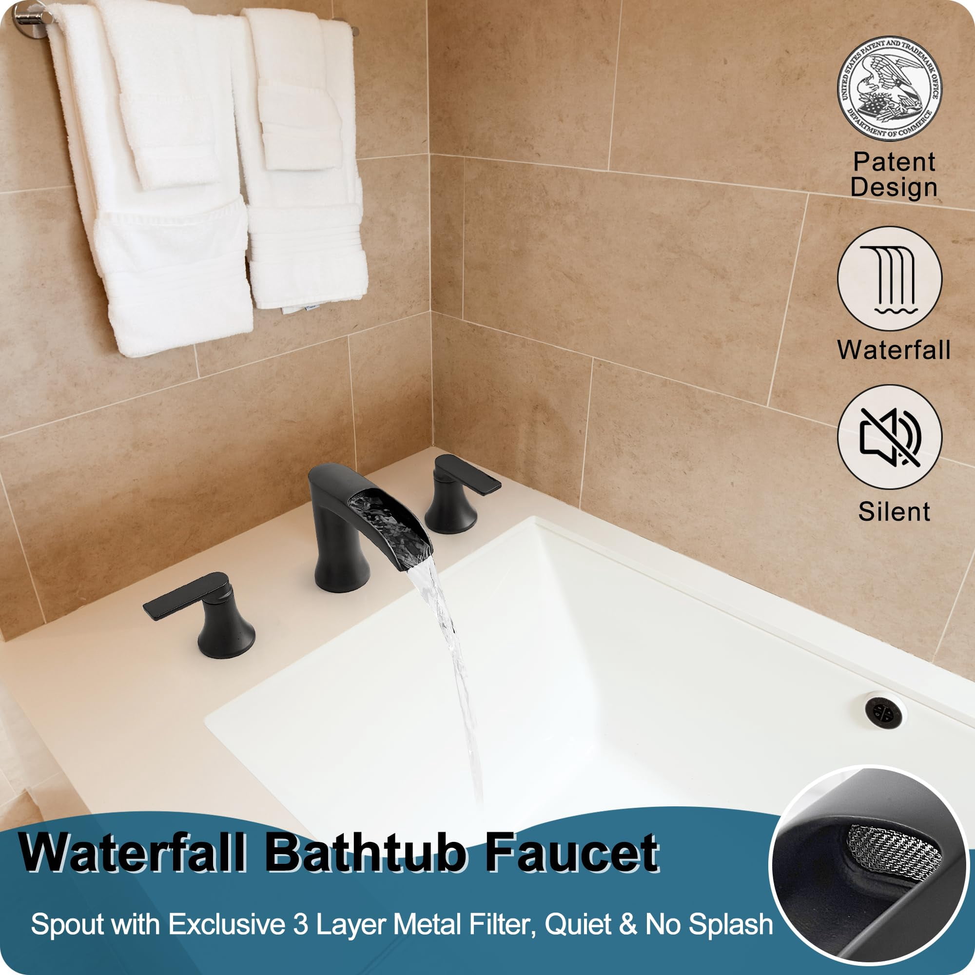 Waterfall Bathtub Faucet Set 3 Hole Matte Black 2 Handle