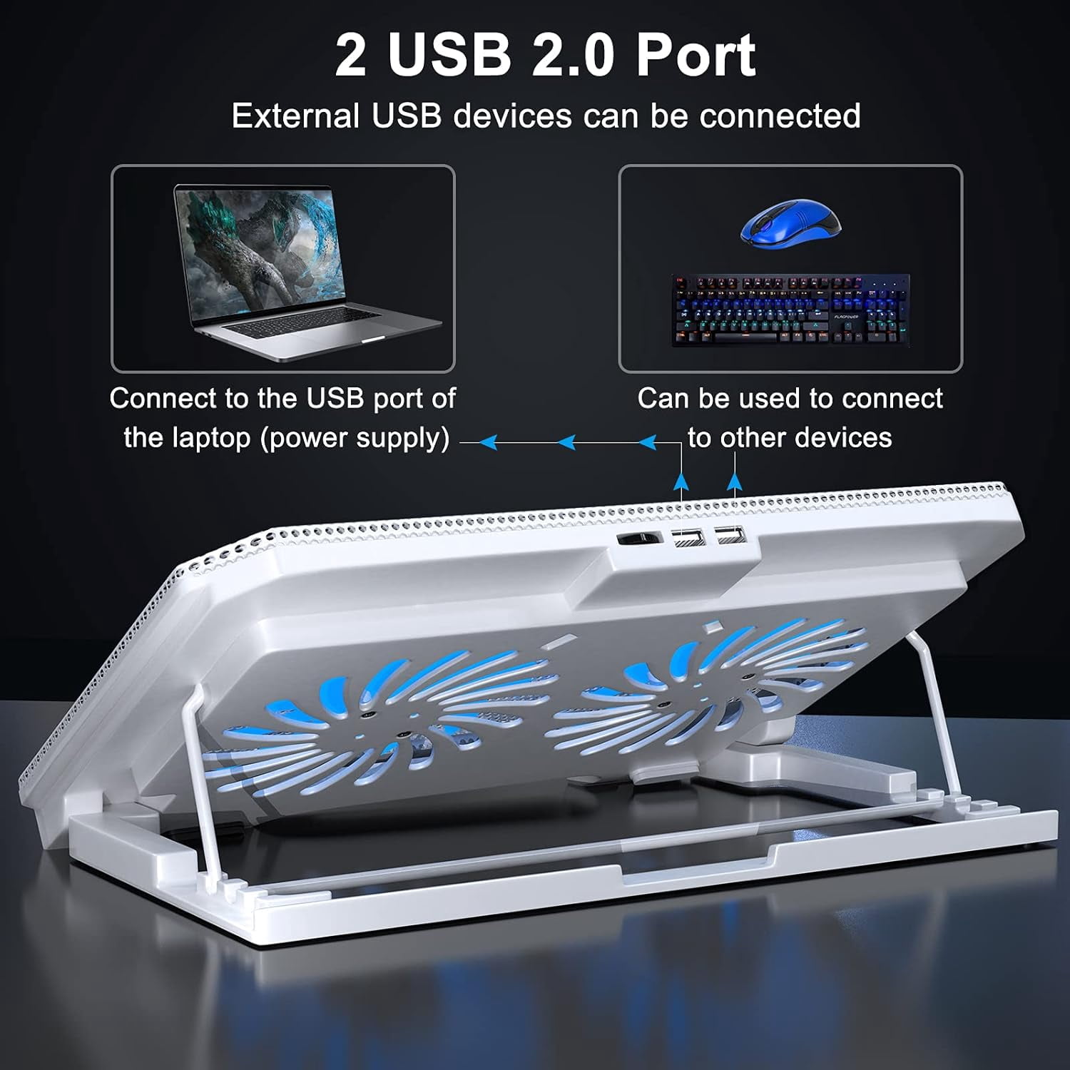Laptop Cooling Pad with Adjustable Height Two 5.1 Inches Fan 2 USB Ports Suitable for 12"-15.6" Laptops