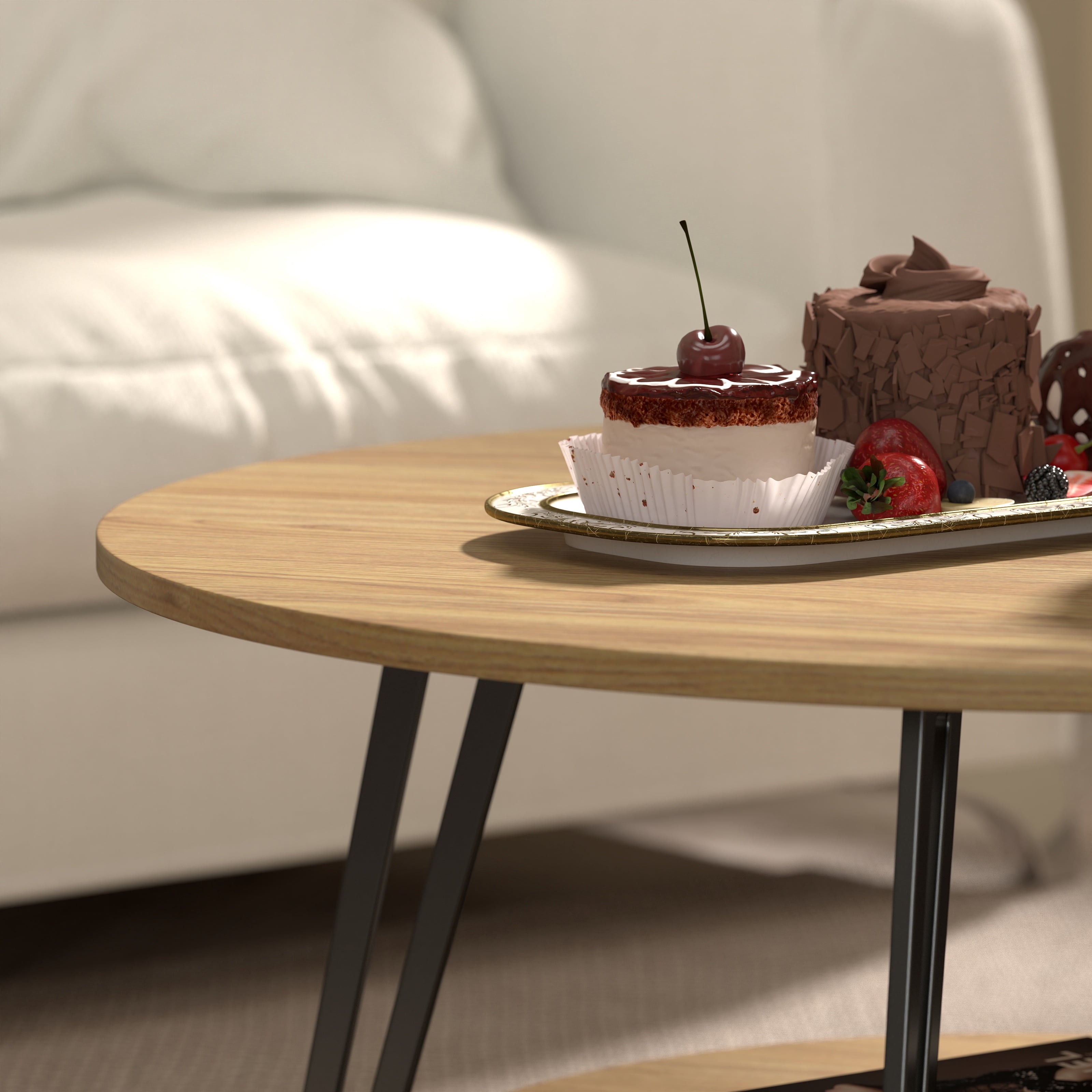 Manora Round Coffee Table with Storage 2-Tier Design, Vintage Coffee Table for Living Room, Natural