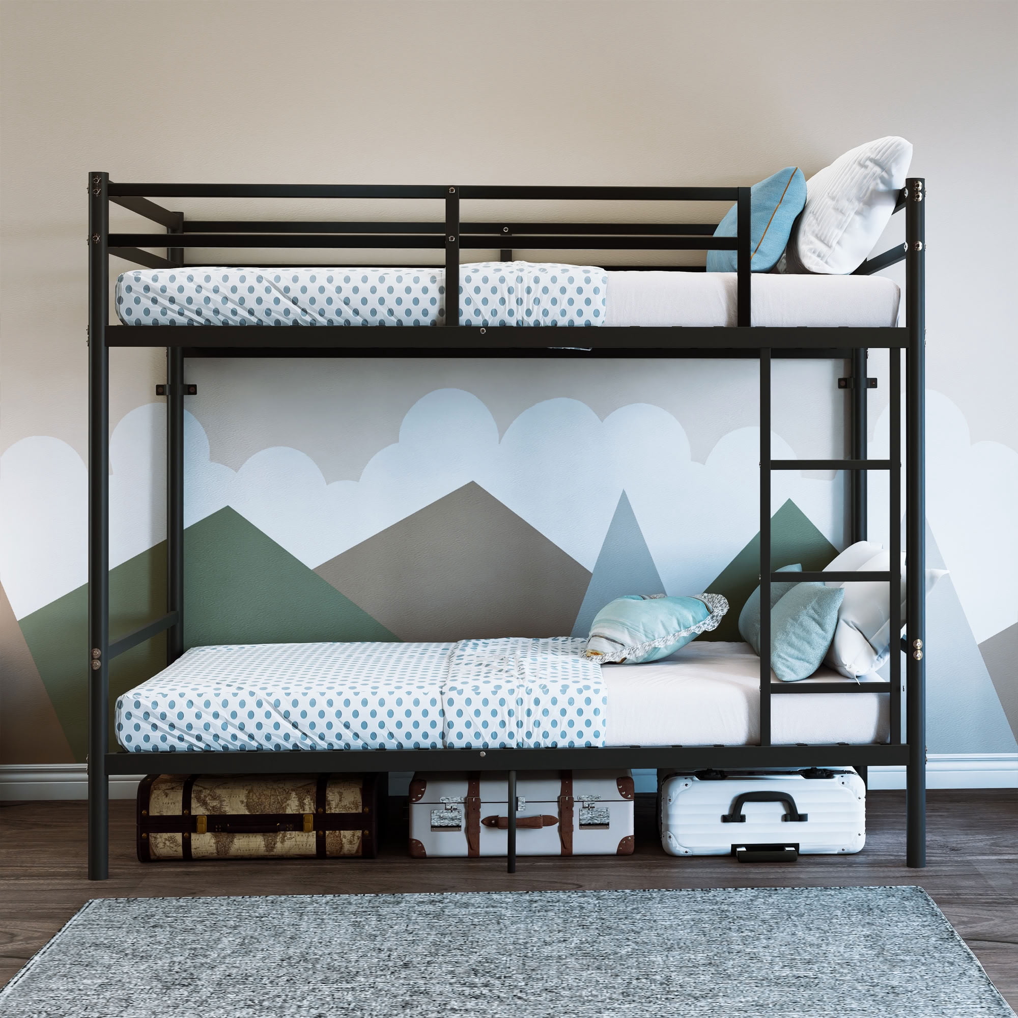 MAYEERTY Heavy Duty Twin Over Twin Metal Bunk Bed, Reinforced Steel Frame with 14" High Guardrails, for Kids Teens Adults, No Box Spring Needed, Black
