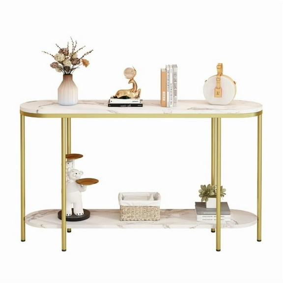 imerelez 42 inch Console Table 2 Tier Narrow Entryway Table with Storage Shelves Faux Marble Narrow Table for Living Bedroom Hallway Office Easy Assembly, Gold & White